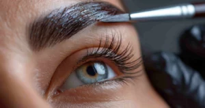 Close-up of a woman’s eye with long lashes as a stylist applies product to her eyebrow using a brush during a Lash & Brow treatment in Monroe, GA.