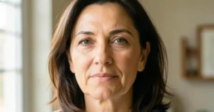 A realistic adult woman with natural skin texture and mild lower-face laxity