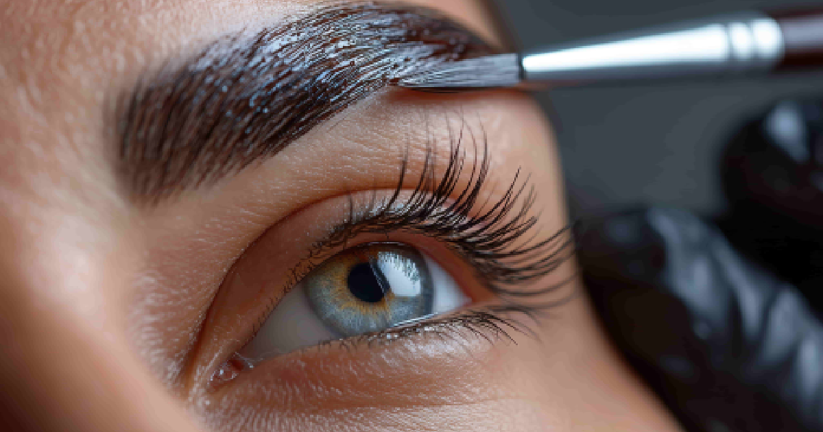 Thrive Blogs 2 Close-up of a woman’s eye with long lashes as a stylist applies product to her eyebrow using a brush during a Lash & Brow treatment in Monroe, GA.
