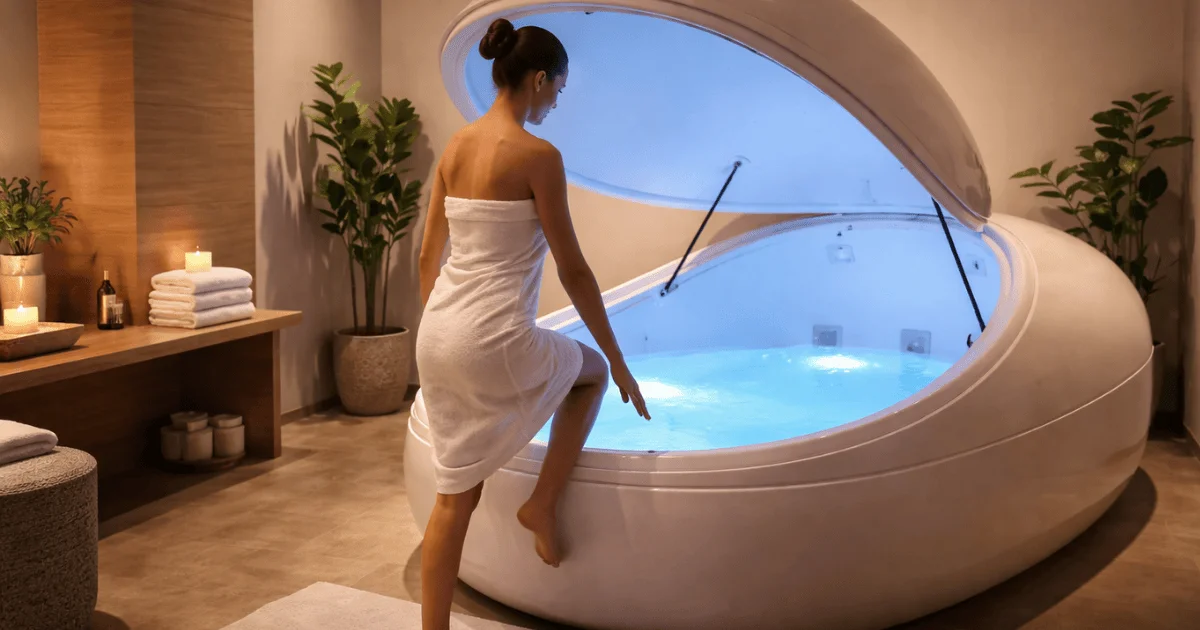 Thrive Blogs 4 Woman entering a modern float pod in a calm spa environment with warm lighting