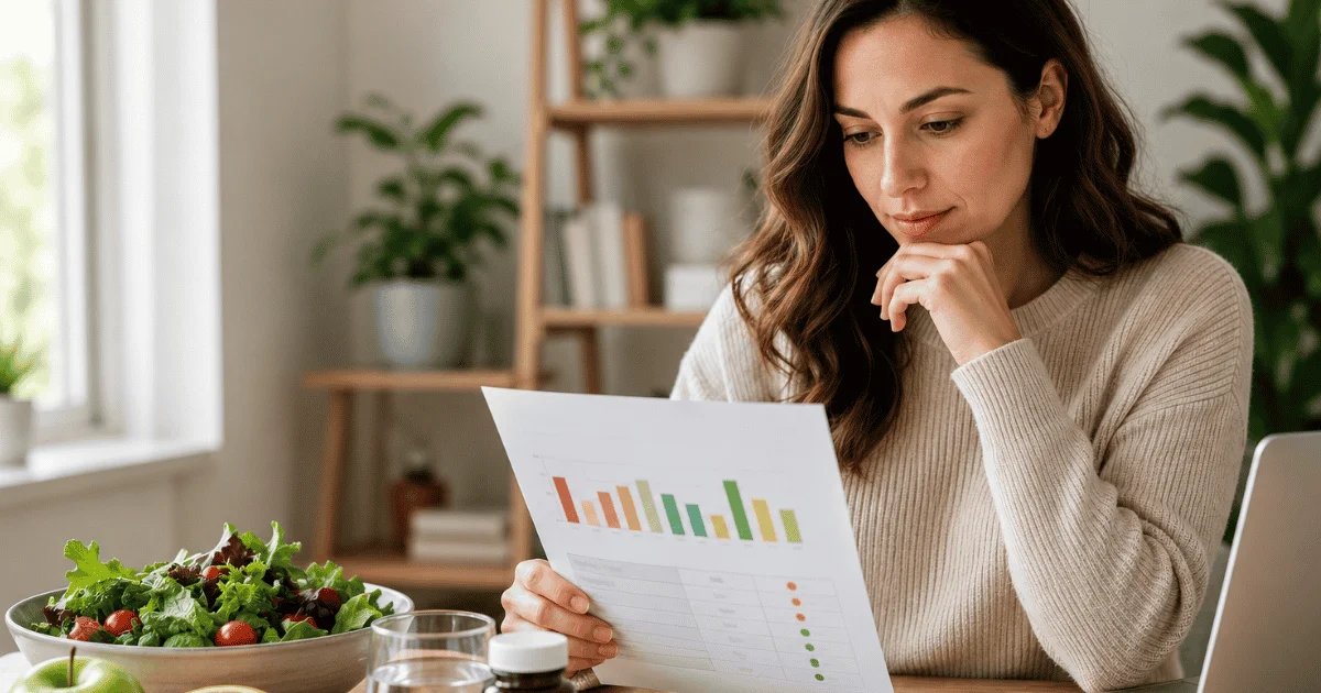 Thrive Blogs 3 Woman reviewing micronutrient test results with healthy foods and supplements to support energy and wellness