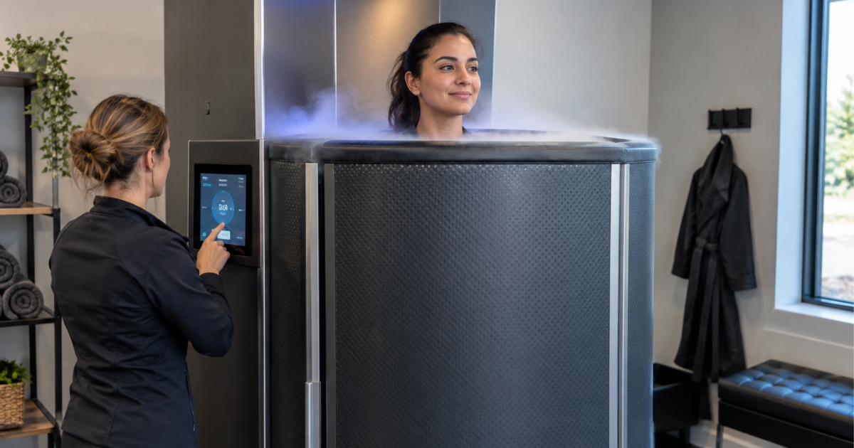 Person undergoing a whole-body cryotherapy session for recovery in a wellness clinic